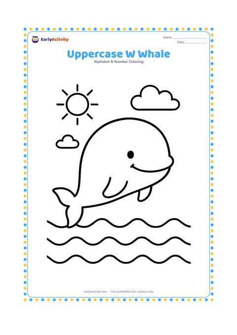 Colouring page: Draw one friendly whale leaping above rounded ocean waves, with a small sun and a few simple clouds behind it. Keep the whale as the large central shape and leave open space around it.