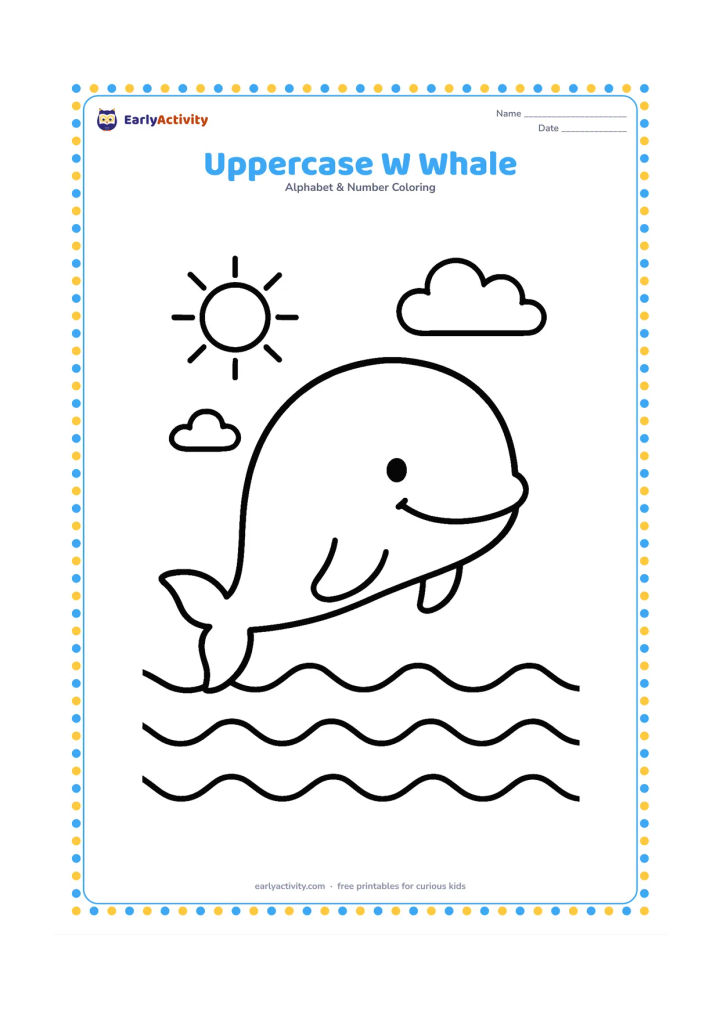 Colouring page: Draw one friendly whale leaping above rounded ocean waves, with a small sun and a few simple clouds behind it. Keep the whale as the large central shape and leave open space around it.
