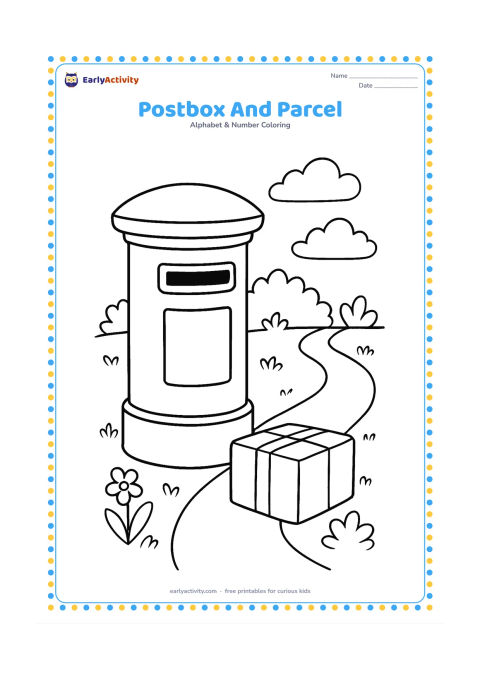 Colouring page: Draw a plain rounded postbox beside a small tied parcel, with a path leading through a simple garden. The postbox must be completely blank.