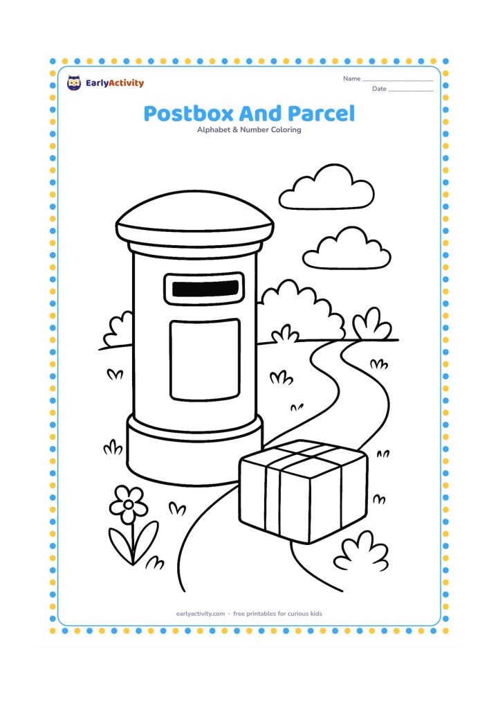Colouring page: Draw a plain rounded postbox beside a small tied parcel, with a path leading through a simple garden. The postbox must be completely blank.