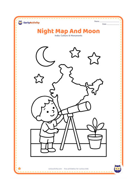 Colouring page: Draw a large India outline under a crescent moon and a few large stars, with a child looking through a simple telescope nearby. Add a low rooftop wall and a small potted plant.