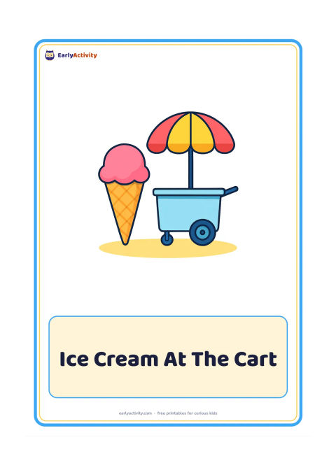 Flashcard: Draw one ice-cream cone beside a small plain push cart on a sunny path. Include a round parasol above the cart without any writing.
