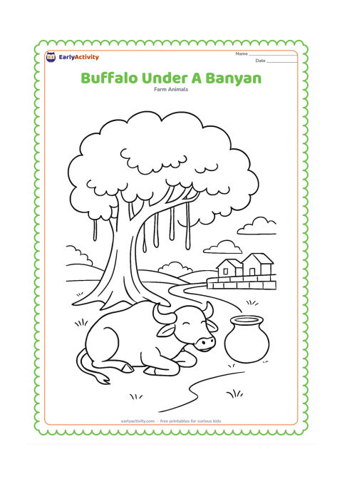 Colouring page: Draw a buffalo resting beneath a broad banyan tree with a few hanging roots. Add a village path, a clay water pot and a low farm wall in the background.