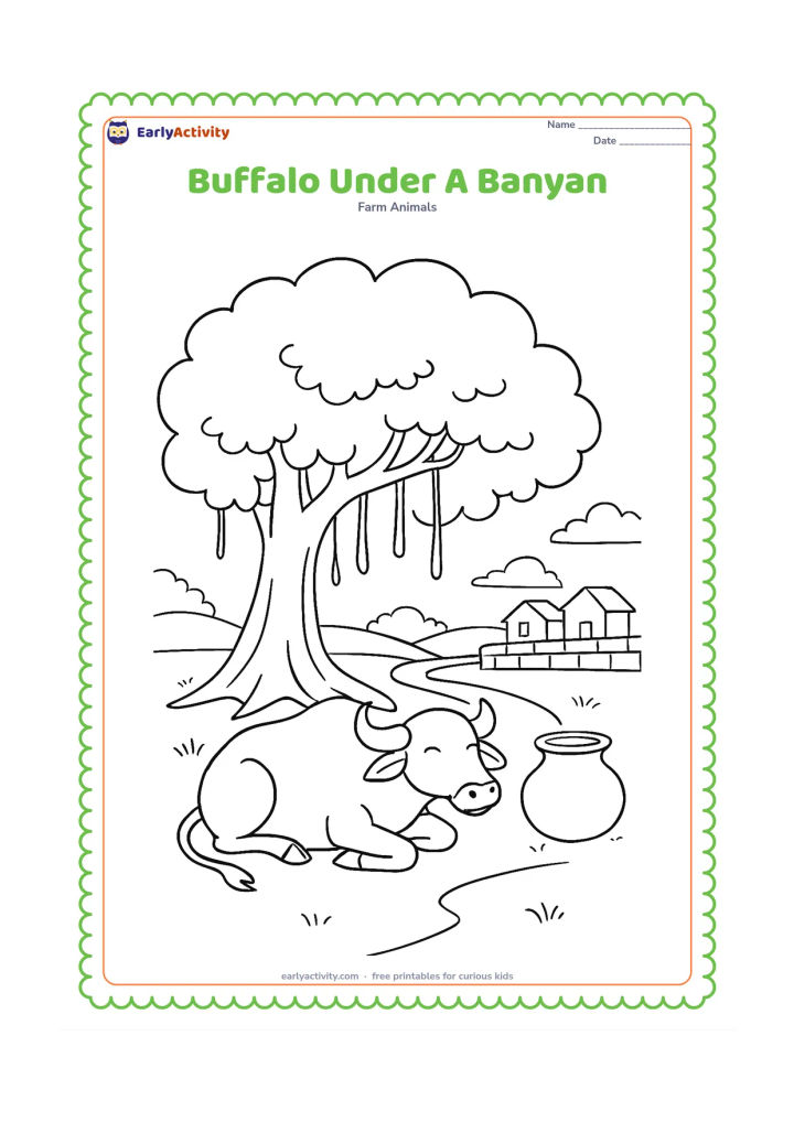 Colouring page: Draw a buffalo resting beneath a broad banyan tree with a few hanging roots. Add a village path, a clay water pot and a low farm wall in the background.