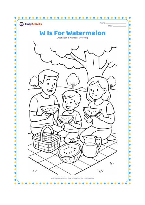 Colouring page: Draw a family sharing watermelon slices at a picnic under a shady tree, with a picnic cloth, basket, pitcher and distant park trees. Show whole and sliced fruit clearly.
