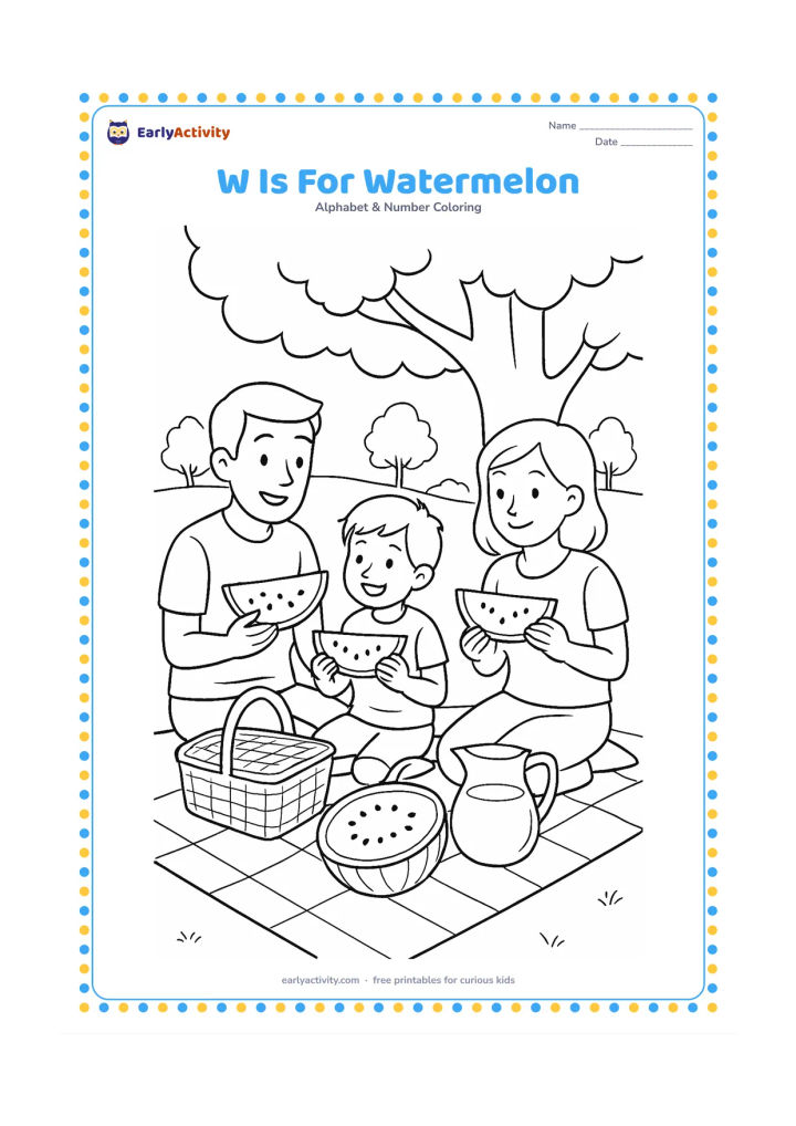 Colouring page: Draw a family sharing watermelon slices at a picnic under a shady tree, with a picnic cloth, basket, pitcher and distant park trees. Show whole and sliced fruit clearly.