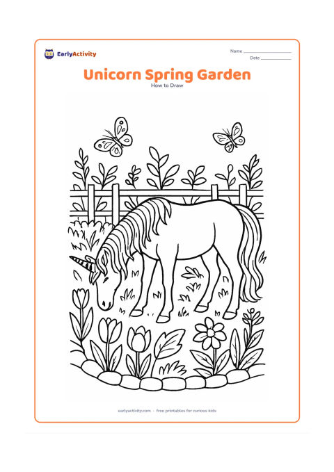 Worksheet: A unicorn grazes in a richly outlined spring garden with tulips, broad leaves, a low trellis, butterflies and a curved stone border. Show detailed mane strands, a layered tail and gentle…