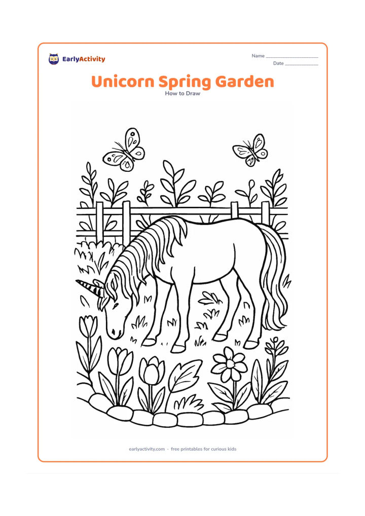 Worksheet: A unicorn grazes in a richly outlined spring garden with tulips, broad leaves, a low trellis, butterflies and a curved stone border. Show detailed mane strands, a layered tail and gentle…