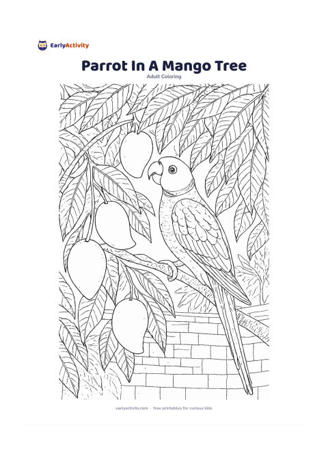 Colouring page: Draw an Indian ring-necked parrot perched on a mango branch, reaching toward a ripe mango. Fill the background with overlapping mango leaves, hanging fruit, a garden wall and a few…