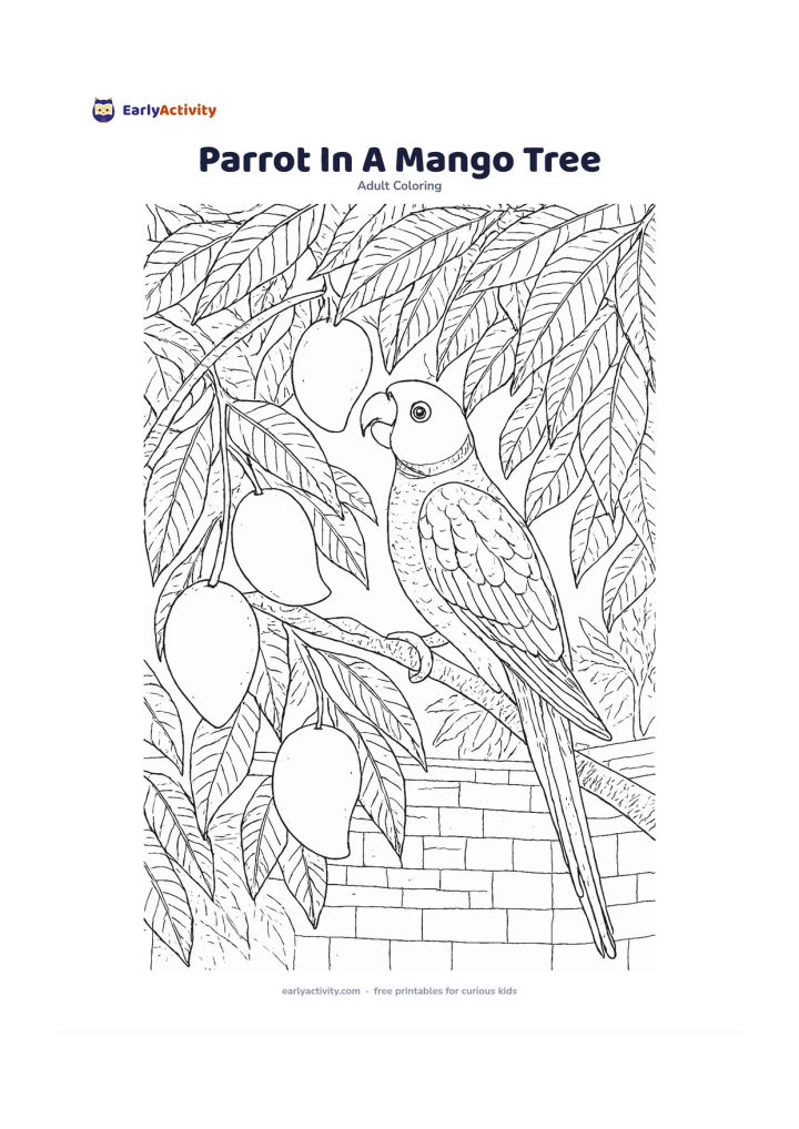 Colouring page: Draw an Indian ring-necked parrot perched on a mango branch, reaching toward a ripe mango. Fill the background with overlapping mango leaves, hanging fruit, a garden wall and a few…