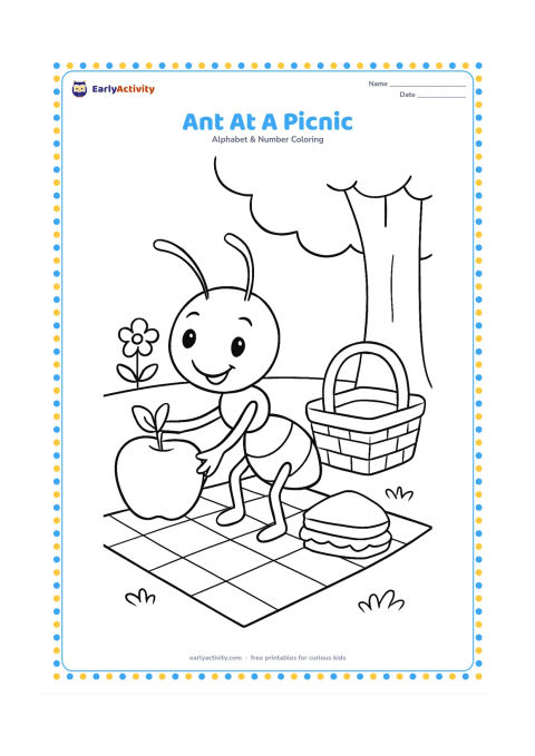Colouring page: Draw a smiling ant beside a picnic cloth, reaching toward a large apple and a small sandwich. Add a basket, two simple flowers, and a tree trunk in the background.