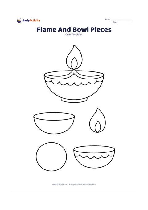 Worksheet: A finished diya is shown at the top while matching separate bowl, rim, flame, and side-decoration pieces are arranged below for a layered craft.