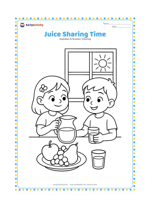 Colouring page: Draw two children sitting at a table and sharing a jug of juice with two glasses. Add a plate of fruit, a window, and simple afternoon sunlight entering the room.