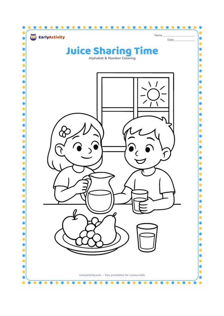 Colouring page: Draw two children sitting at a table and sharing a jug of juice with two glasses. Add a plate of fruit, a window, and simple afternoon sunlight entering the room.