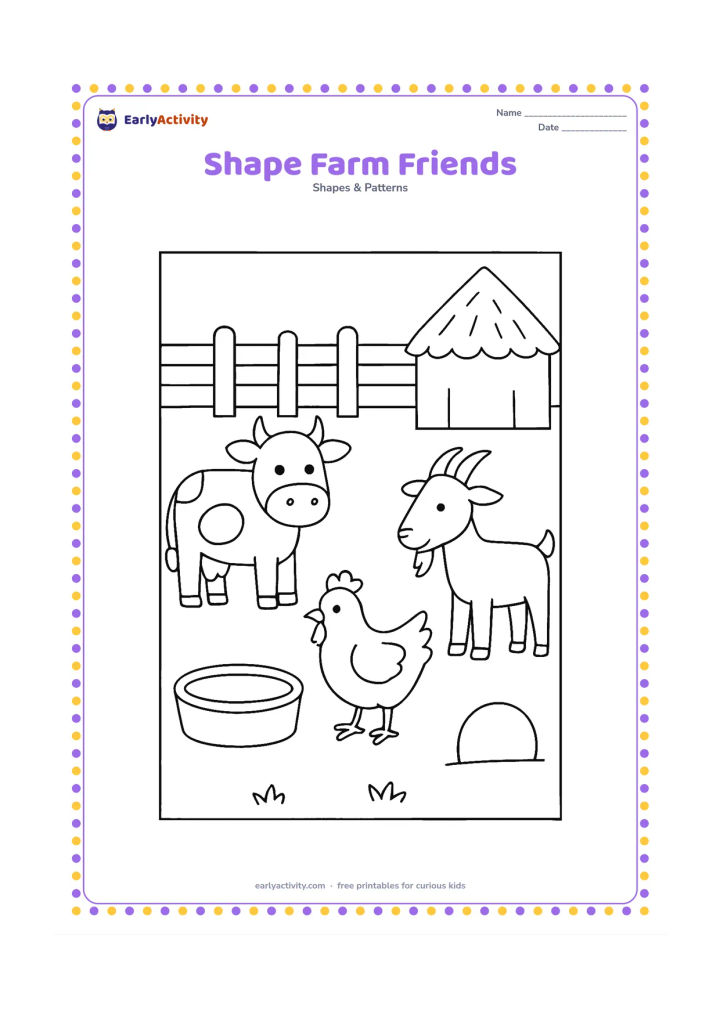 Colouring page: Draw a cow, hen and goat in a farmyard, with circles, rectangles, triangles and ovals visibly forming their bodies, a rectangular fence, a triangular hay roof and a round water tub. Show…
