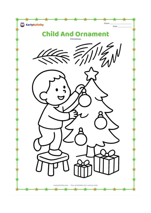 Colouring page: A happy child reaches up to hang one oversized round ornament on a small Christmas tree. Include a low stool, two presents and a few large evergreen branches in the background.