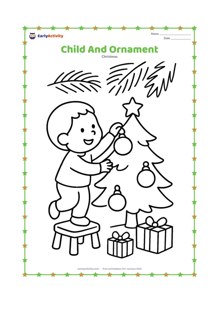 Colouring page: A happy child reaches up to hang one oversized round ornament on a small Christmas tree. Include a low stool, two presents and a few large evergreen branches in the background.