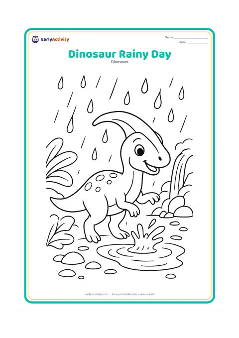 Colouring page: Draw a cheerful Parasaurolophus wearing no clothing and splashing gently beside a shallow puddle during a prehistoric rain shower. Add broad leaves, raindrops, a small waterfall and…