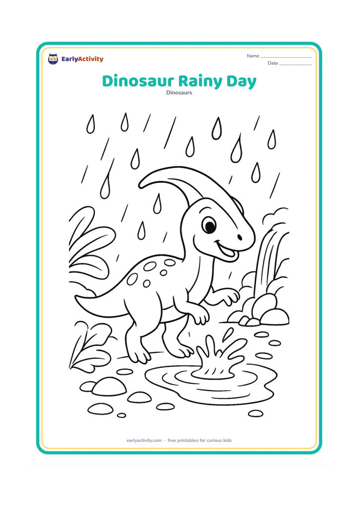 Colouring page: Draw a cheerful Parasaurolophus wearing no clothing and splashing gently beside a shallow puddle during a prehistoric rain shower. Add broad leaves, raindrops, a small waterfall and…