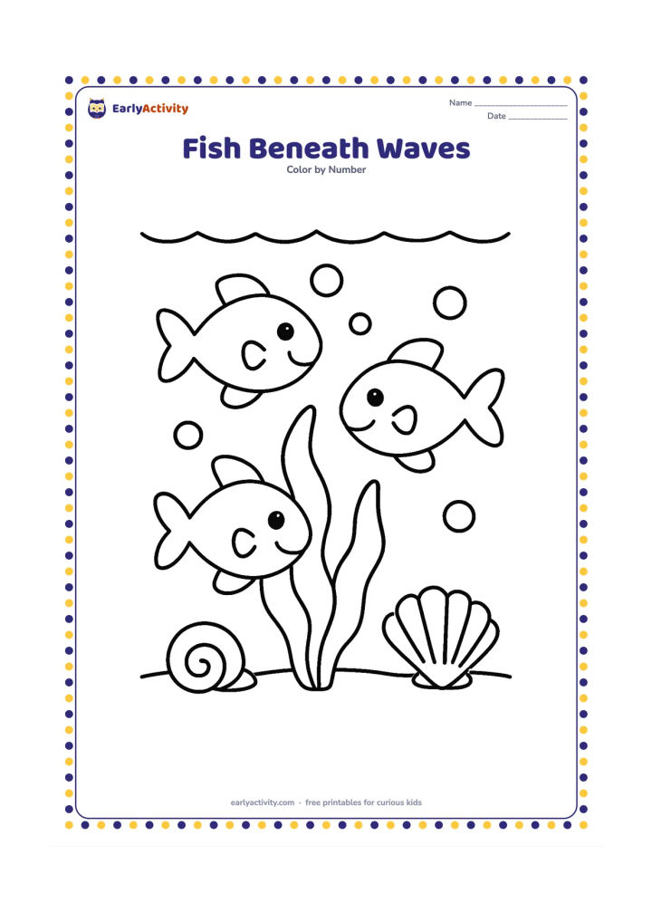 Colouring page: Draw three happy fish swimming around large seaweed leaves and two shells on the ocean floor. Add a few big bubbles and a wavy waterline near the top.