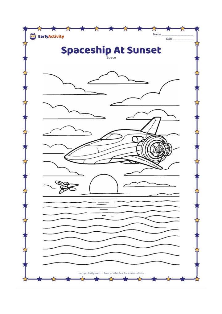 Colouring page: Draw a large spacecraft travelling above an ocean at sunset, with layered clouds, a low sun, reflected light on the water and a detailed rear engine section. Include a small winged probe…