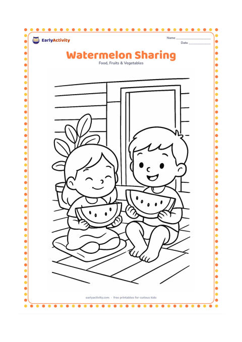 Colouring page: Two children sitting on a verandah sharing large watermelon slices on plates, with a cushion, a potted plant, and an open doorway behind them.