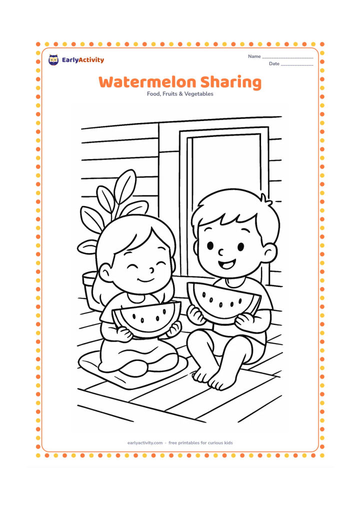 Colouring page: Two children sitting on a verandah sharing large watermelon slices on plates, with a cushion, a potted plant, and an open doorway behind them.