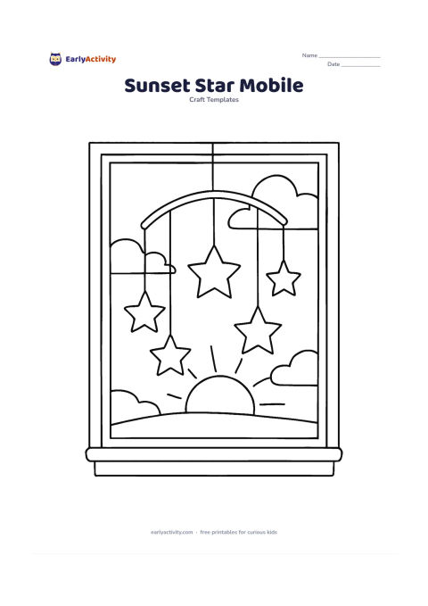 Worksheet: Draw a paper mobile hanging near a window at sunset, with several blank stars of different sizes suspended from curved threads and a low sun outside. Leave the star interiors empty for…