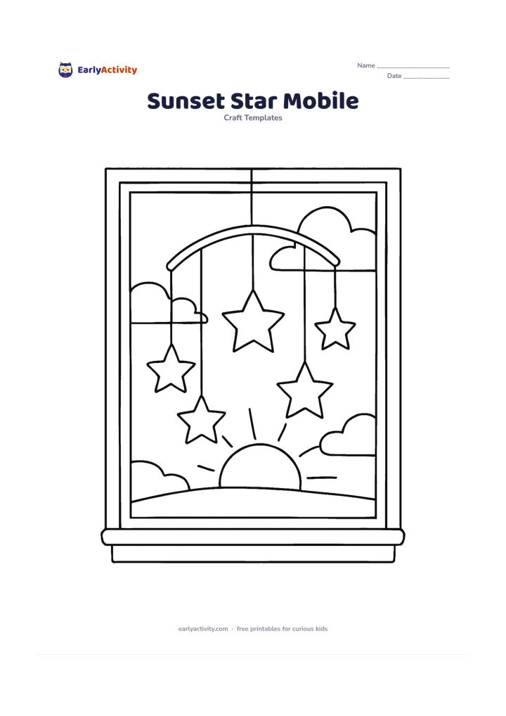 Worksheet: Draw a paper mobile hanging near a window at sunset, with several blank stars of different sizes suspended from curved threads and a low sun outside. Leave the star interiors empty for…