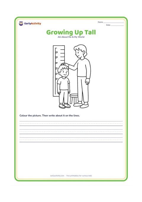 Worksheet: A child stands beside a family-height wall chart made only from blank lines and simple leaf decorations, while an adult gently measures the child with a hand above the head. Show shoes,…