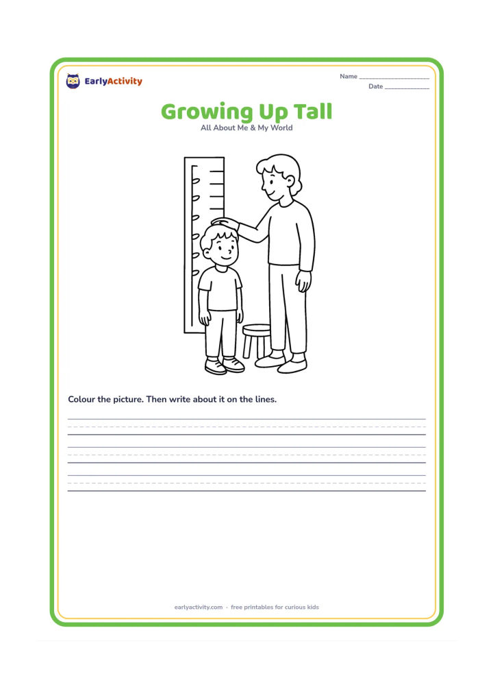 Worksheet: A child stands beside a family-height wall chart made only from blank lines and simple leaf decorations, while an adult gently measures the child with a hand above the head. Show shoes,…