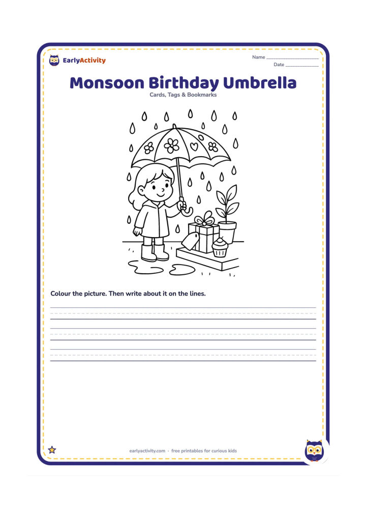 Worksheet: Draw a child holding a decorated umbrella over a small birthday gift and cupcake on a doorstep during gentle rain. Add puddles, raindrops, and a potted plant, with a blank gift tag.