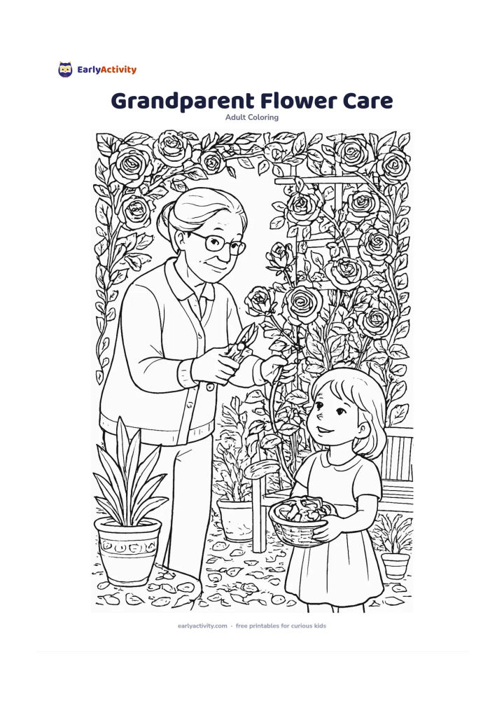 Colouring page: Draw a grandparent pruning a rose bush while a child holds a small basket of fallen petals, in a home garden with potted plants, a bench and a trellis. Include roses at different stages…