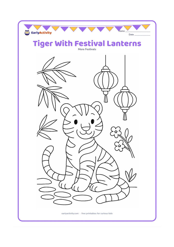 Colouring page: Draw a friendly tiger sitting beneath two hanging lanterns, with bamboo leaves, a low stone path and a small flower branch around it. The tiger should have clear stripes and a relaxed pose.