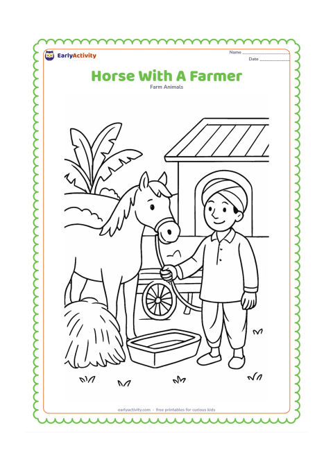 Colouring page: A farmer gently holds a horse's lead rope beside a stable in an Indian farmyard. Include a hay bundle, a wooden cart, a water trough and a few banana leaves in the background; the…