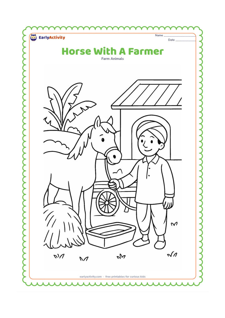 Colouring page: A farmer gently holds a horse's lead rope beside a stable in an Indian farmyard. Include a hay bundle, a wooden cart, a water trough and a few banana leaves in the background; the…