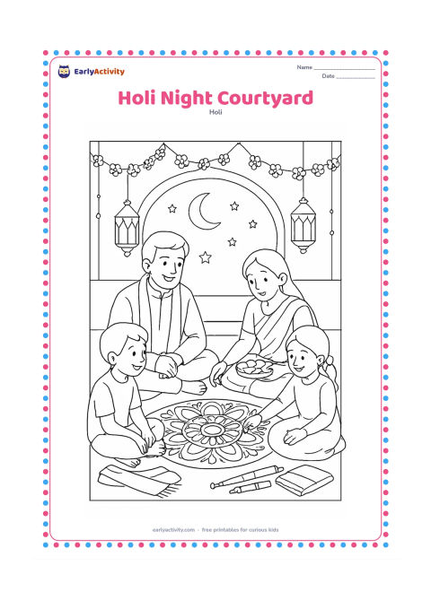 Colouring page: A family gathers in a softly lit courtyard after the main Holi celebration, looking at a finished rangoli and sharing snacks while flower garlands hang overhead. Include a moon, stars,…