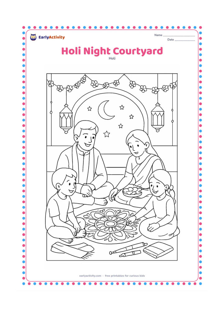 Colouring page: A family gathers in a softly lit courtyard after the main Holi celebration, looking at a finished rangoli and sharing snacks while flower garlands hang overhead. Include a moon, stars,…