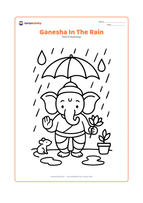 Colouring page: Lord Ganesha stands beneath a large umbrella during a gentle monsoon shower, holding a lotus with his trunk. Add puddles, two large raindrops shapes, a small mouse and a potted plant.