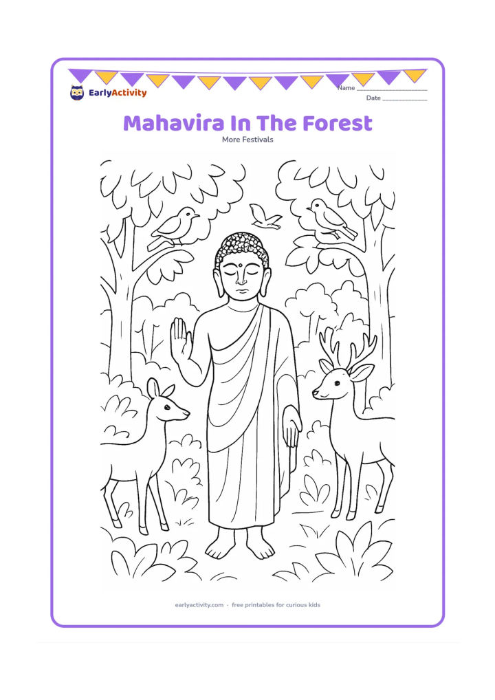 Colouring page: Draw Lord Mahavira standing peacefully in a forest clearing with one hand lowered and one hand raised in a calm gesture, surrounded by deer, birds, trees and layered foliage.