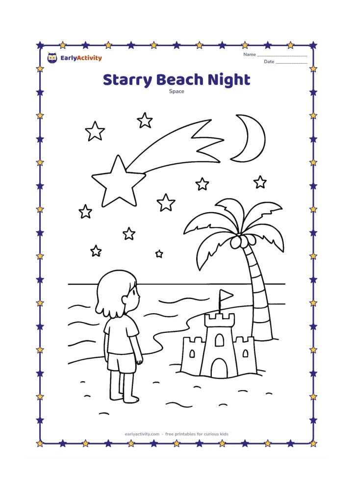 Colouring page: A large shooting star crosses above a quiet beach with waves, a sandcastle, a palm tree and a child watching from the shore. Add several stars and a crescent Moon.