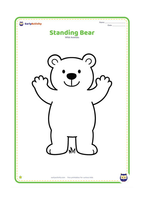 Colouring page: A friendly bear standing upright with both paws raised, centered on the page. Add only a small patch of grass beneath its feet.