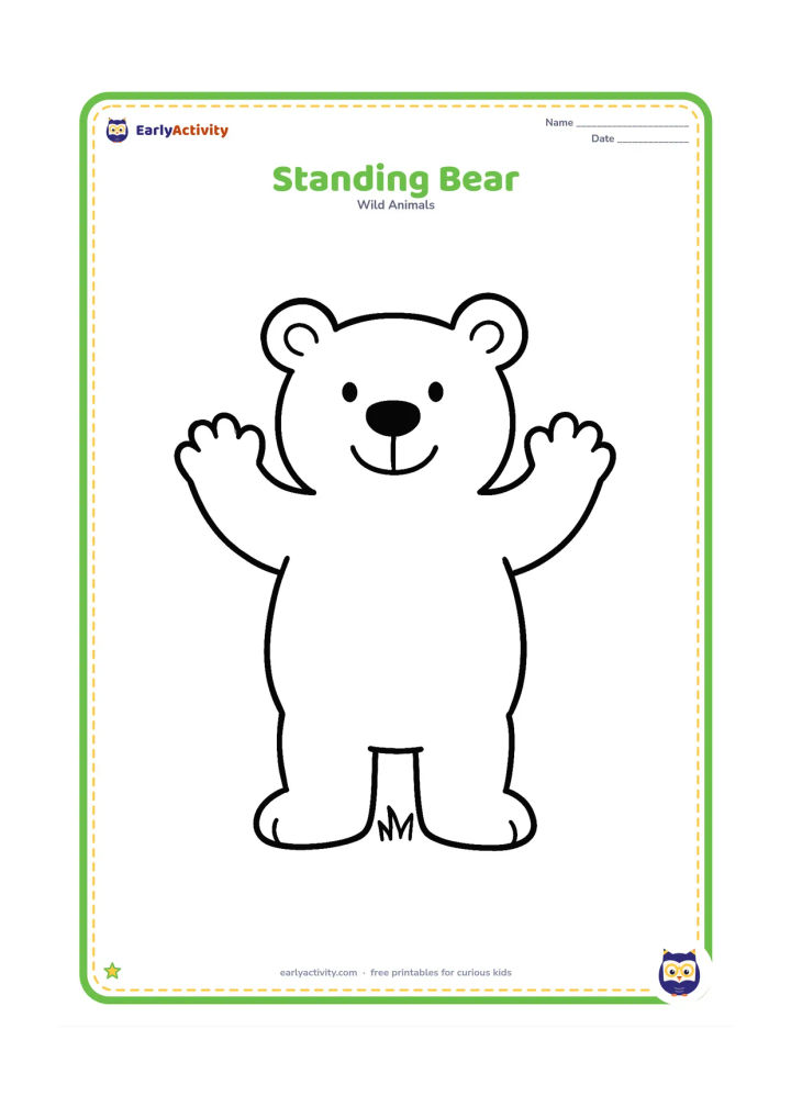 Colouring page: A friendly bear standing upright with both paws raised, centered on the page. Add only a small patch of grass beneath its feet.