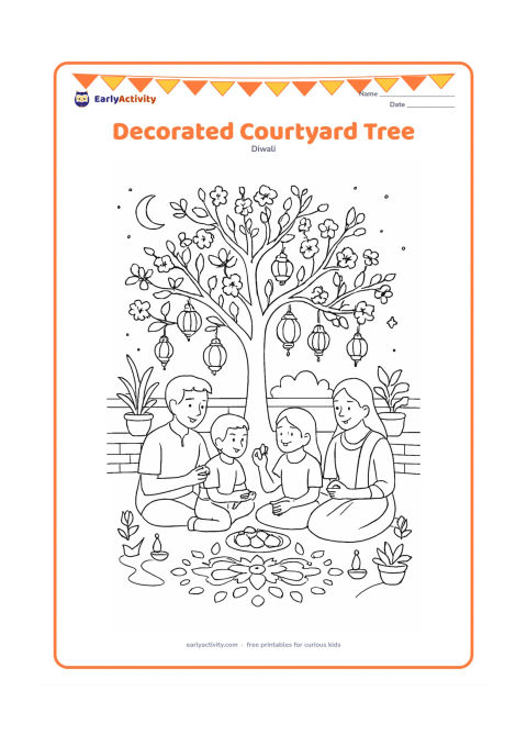 Colouring page: Draw a flowering tree in a home courtyard decorated with hanging lanterns and small lamps at its base. A family sits nearby sharing sweets, with a detailed rangoli, low wall, potted…