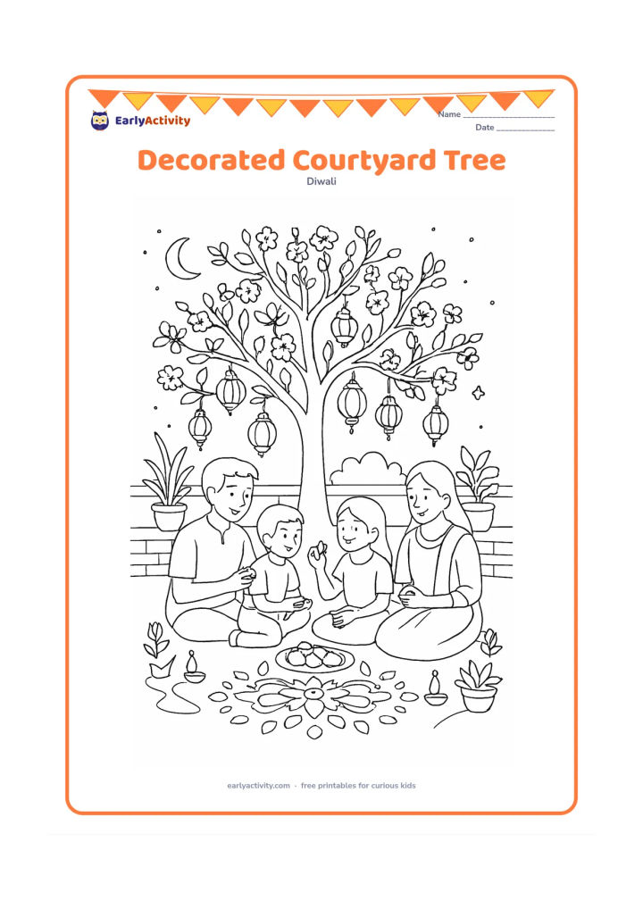 Colouring page: Draw a flowering tree in a home courtyard decorated with hanging lanterns and small lamps at its base. A family sits nearby sharing sweets, with a detailed rangoli, low wall, potted…