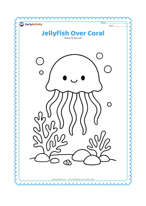 Colouring page: Draw a medium-sized jellyfish floating above a small coral garden, with a rounded bell and six flowing tentacles. Include branching coral, two rocks, bubbles and a tiny seashell on the…