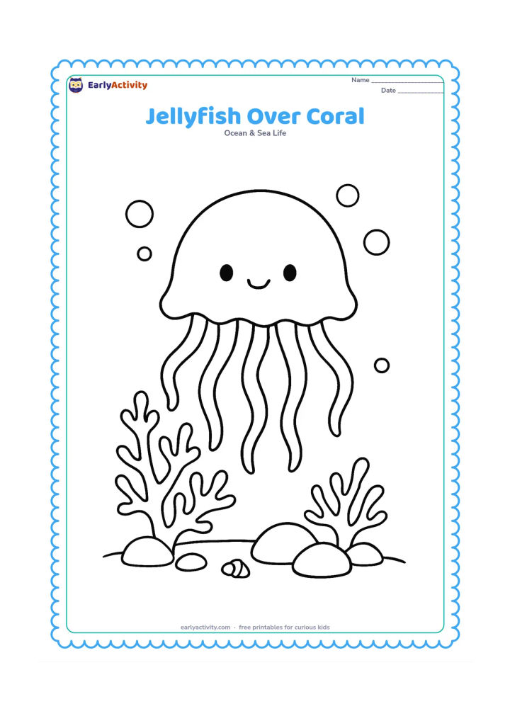 Colouring page: Draw a medium-sized jellyfish floating above a small coral garden, with a rounded bell and six flowing tentacles. Include branching coral, two rocks, bubbles and a tiny seashell on the…