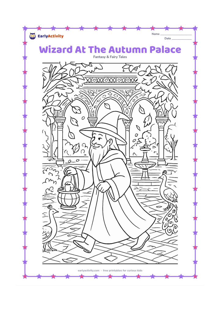 Colouring page: A wizard walks through an ornate palace courtyard during autumn, carrying a basket of glowing pretend lanterns to brighten the path. Include carved arches, patterned floor tiles,…