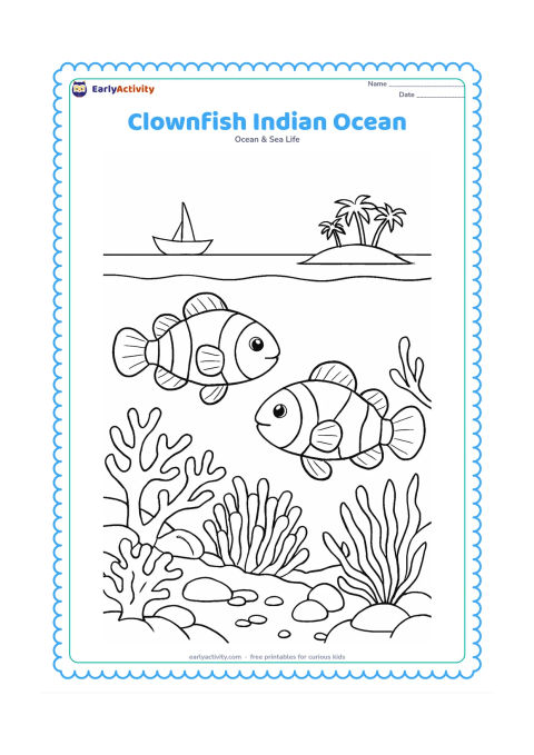 Colouring page: Draw two clownfish above a reef near an Indian Ocean island, with a distant palm-fringed island silhouette, a small traditional boat far above the surface, and underwater anemones,…