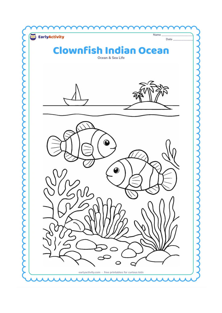 Colouring page: Draw two clownfish above a reef near an Indian Ocean island, with a distant palm-fringed island silhouette, a small traditional boat far above the surface, and underwater anemones,…